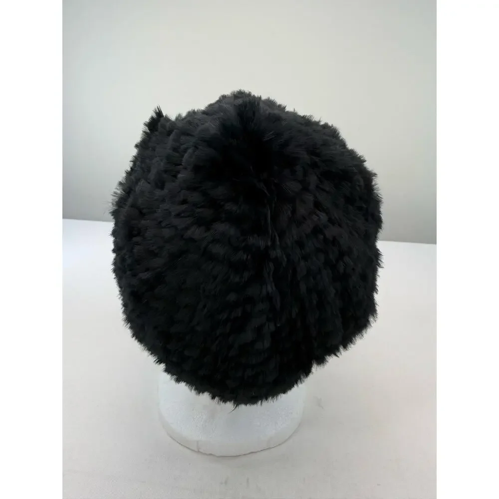 Vintage Y2K Express Black Rabbit Fur Pageboy Hat Satin Lined One Size